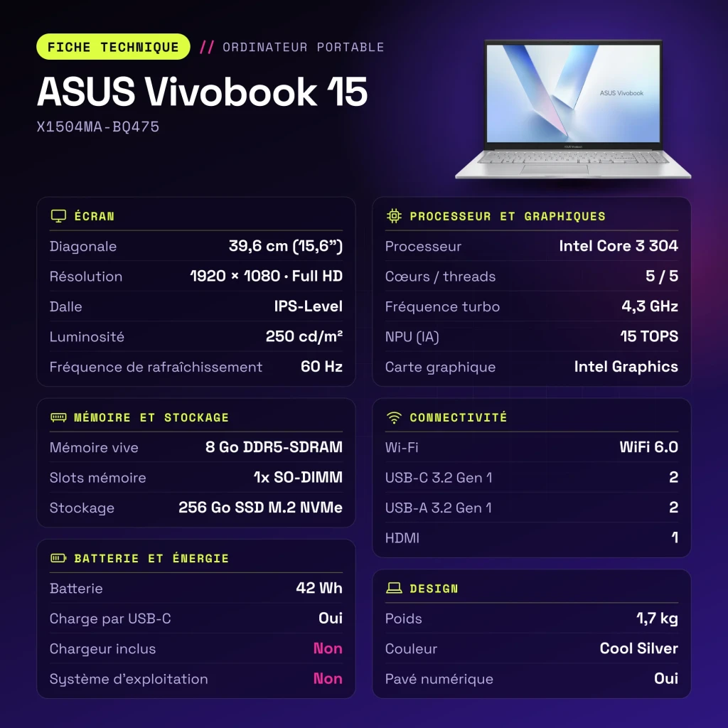Portátil ASUS Vivobook 15 8GB/256GB 15,6 pulgadas Full HD IPS Intel Core 3 304 Sin Sistema Operativo Plata X1504MA-BQ475 - características