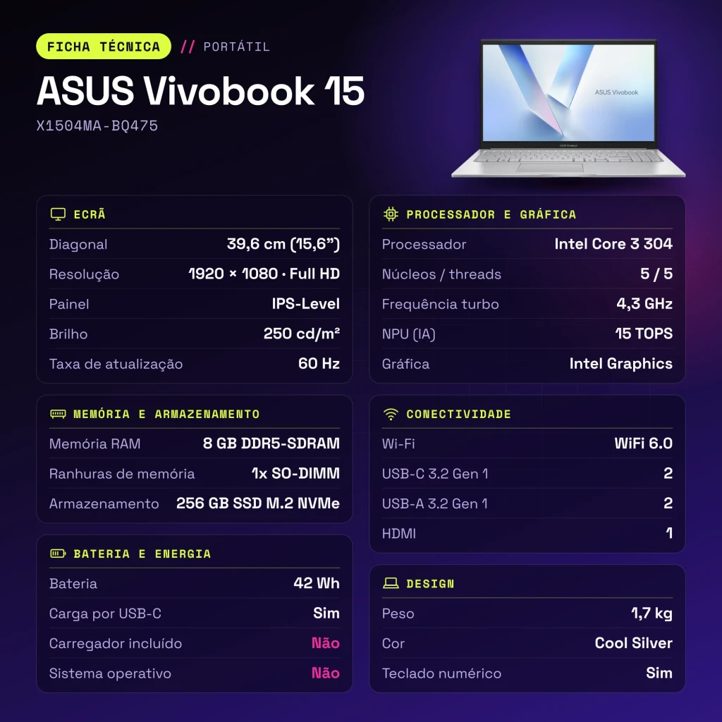 Portátil ASUS Vivobook 15 8GB/256GB 15,6 pulgadas Full HD IPS Intel Core 3 304 Sin Sistema Operativo Plata X1504MA-BQ475 - características