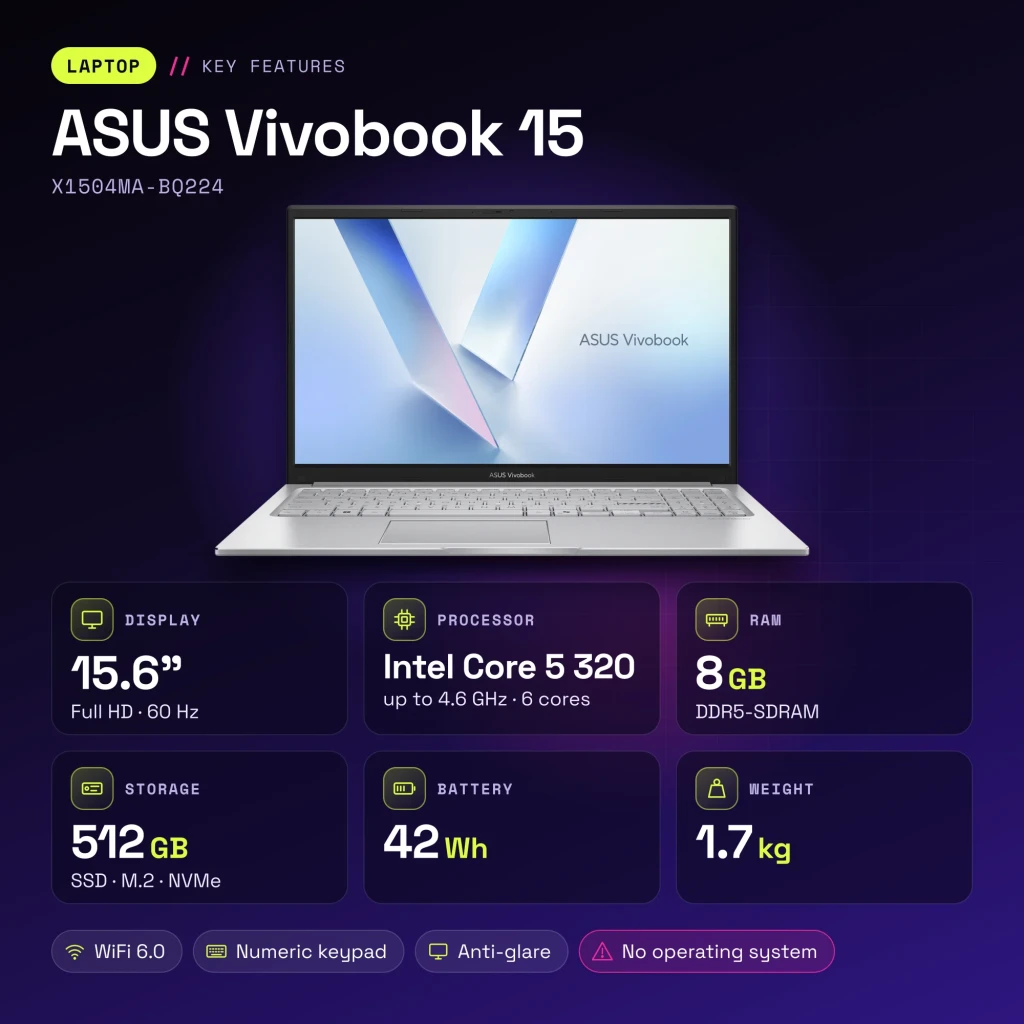Portátil ASUS Vivobook 15 8GB/512GB 15,6 pulgadas Full HD Intel Core 5 320 SSD NVMe PCIe 4.0 Sin Sistema Operativo Plata X1504MA-BQ224 - características