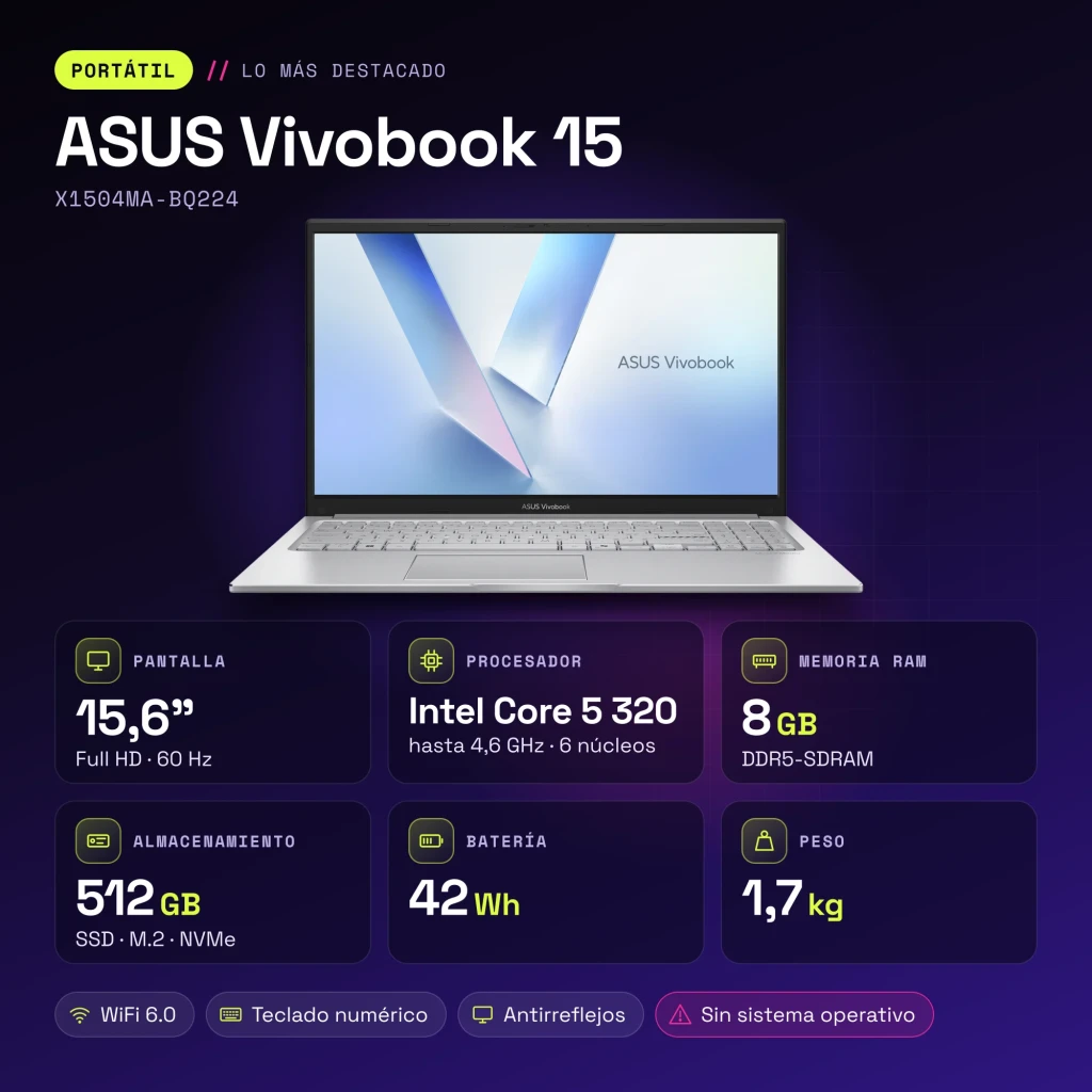 Portátil ASUS Vivobook 15 8GB/512GB 15,6 pulgadas Full HD Intel Core 5 320 SSD NVMe PCIe 4.0 Sin Sistema Operativo Plata X1504MA-BQ224 - características