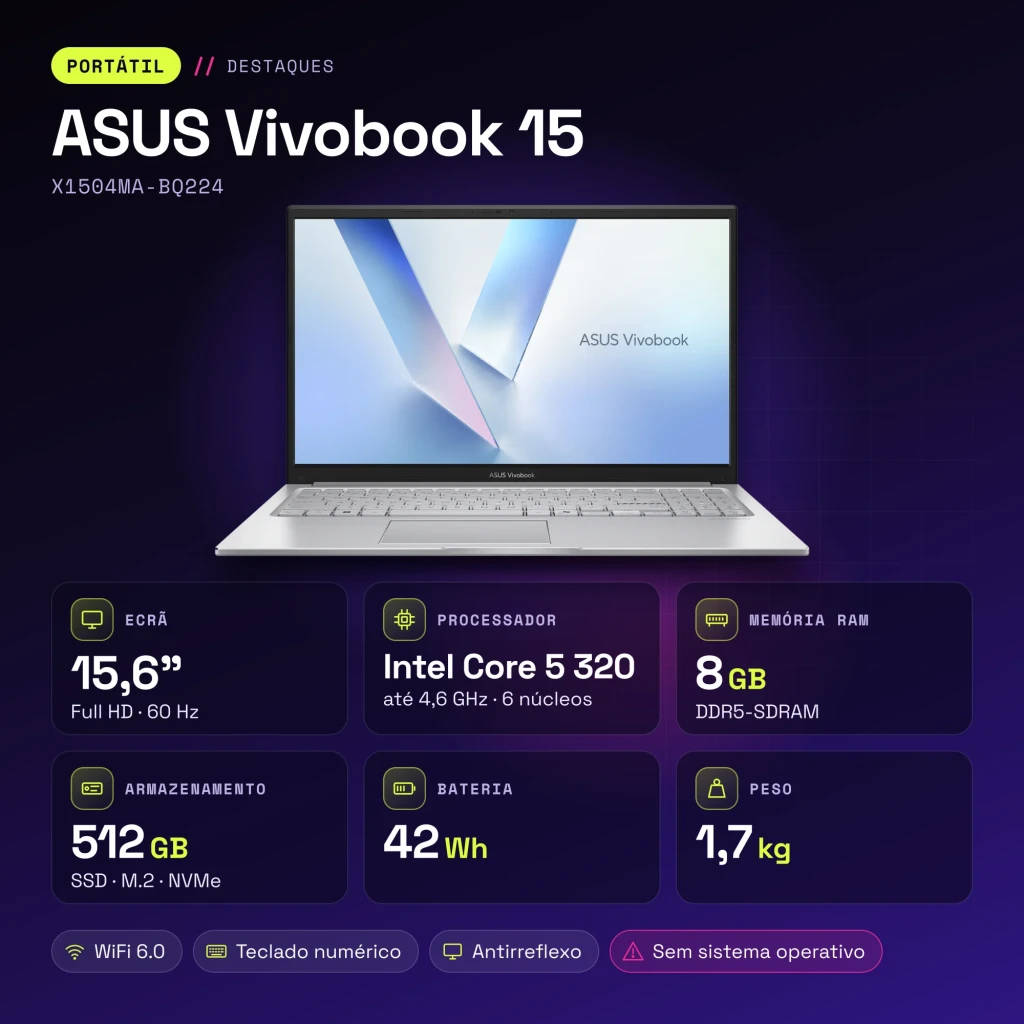 Portátil ASUS Vivobook 15 8GB/512GB 15,6 pulgadas Full HD Intel Core 5 320 SSD NVMe PCIe 4.0 Sin Sistema Operativo Plata X1504MA-BQ224 - características