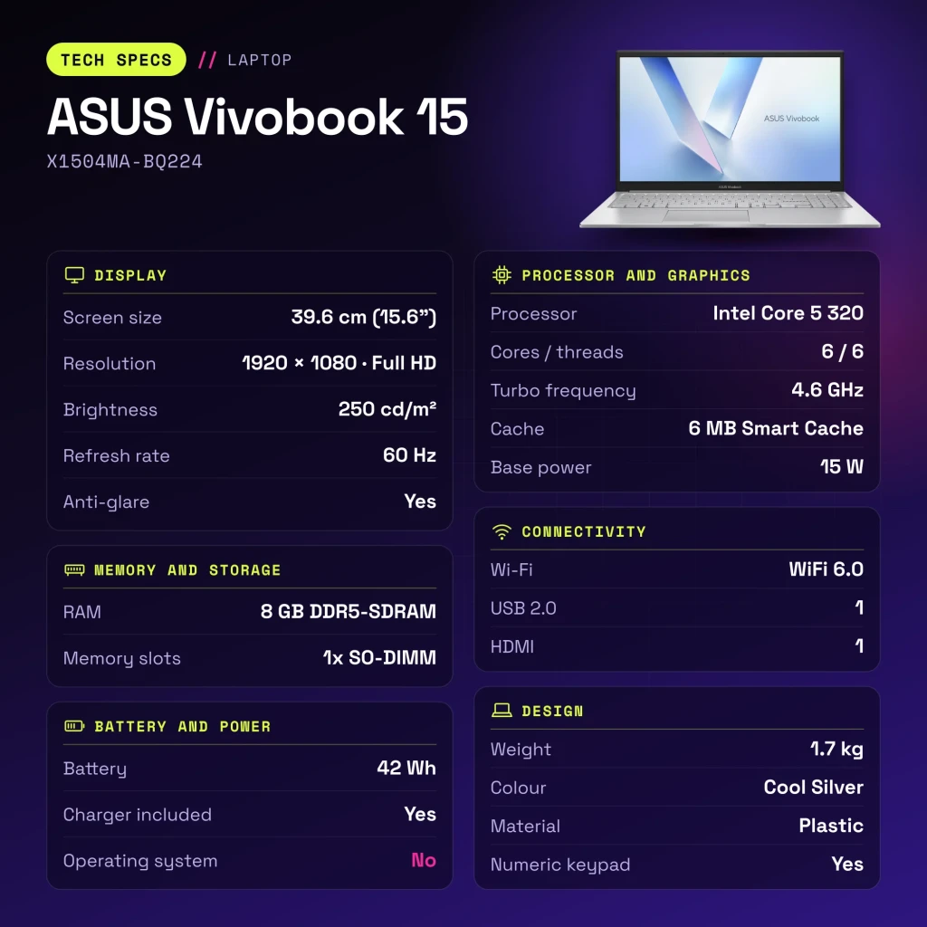 Portátil ASUS Vivobook 15 8GB/512GB 15,6 pulgadas Full HD Intel Core 5 320 SSD NVMe PCIe 4.0 Sin Sistema Operativo Plata X1504MA-BQ224 - características
