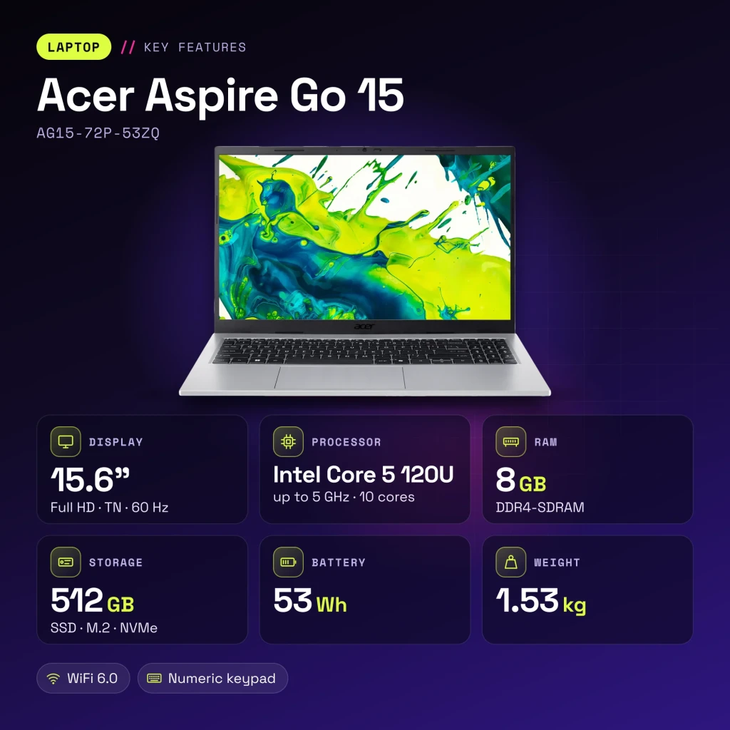 PC portable Acer Aspire Go 15 8Go/512Go 15,6 pouces FHD Intel Core 5 120U SSD NVMe PCIe 4.0 Windows 11 Home Argent AG15-72P-53ZQ - caractéristiques