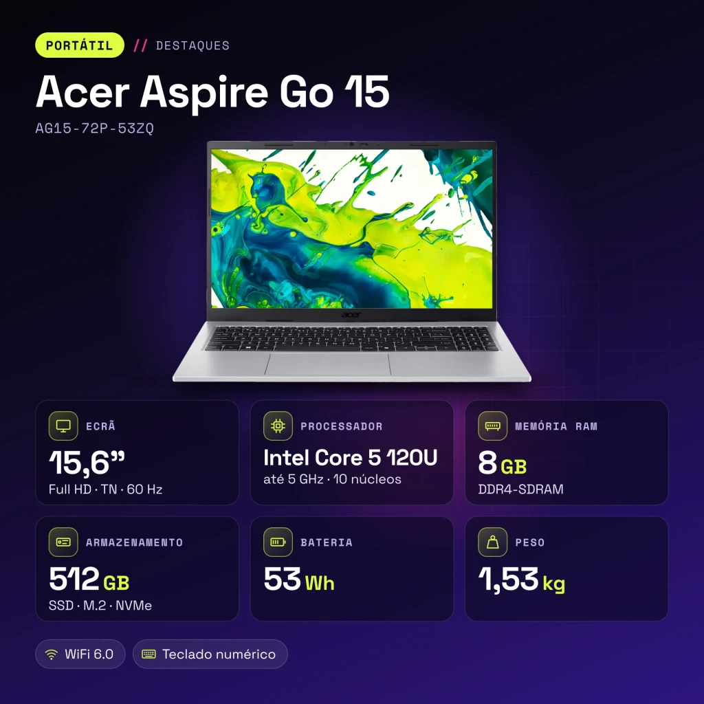 PC portable Acer Aspire Go 15 8Go/512Go 15,6 pouces FHD Intel Core 5 120U SSD NVMe PCIe 4.0 Windows 11 Home Argent AG15-72P-53ZQ - caractéristiques