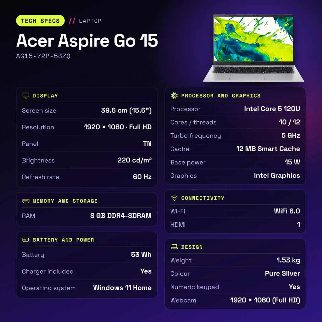 PC portable Acer Aspire Go 15 8Go/512Go 15,6 pouces FHD Intel Core 5 120U SSD NVMe PCIe 4.0 Windows 11 Home Argent AG15-72P-53ZQ - caractéristiques