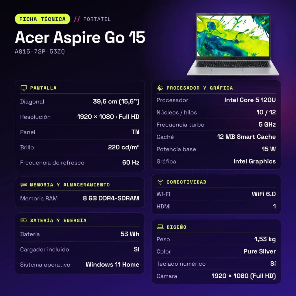PC portable Acer Aspire Go 15 8Go/512Go 15,6 pouces FHD Intel Core 5 120U SSD NVMe PCIe 4.0 Windows 11 Home Argent AG15-72P-53ZQ - caractéristiques