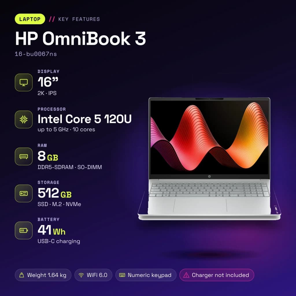 PC portable HP OmniBook 3 8 Go/512 Go 16 pouces 2K IPS Intel Core 5 120U SSD NVMe PCIe 4.0 FreeDOS Gris 16-bu0067ns - caractéristiques
