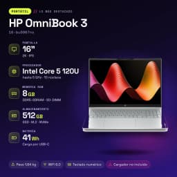 PC portable HP OmniBook 3 8 Go/512 Go 16 pouces 2K IPS Intel Core 5 120U SSD NVMe PCIe 4.0 FreeDOS Gris 16-bu0067ns - caractéristiques