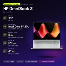 PC portable HP OmniBook 3 8 Go/512 Go 16 pouces 2K IPS Intel Core 5 120U SSD NVMe PCIe 4.0 FreeDOS Gris 16-bu0067ns - caractéristiques