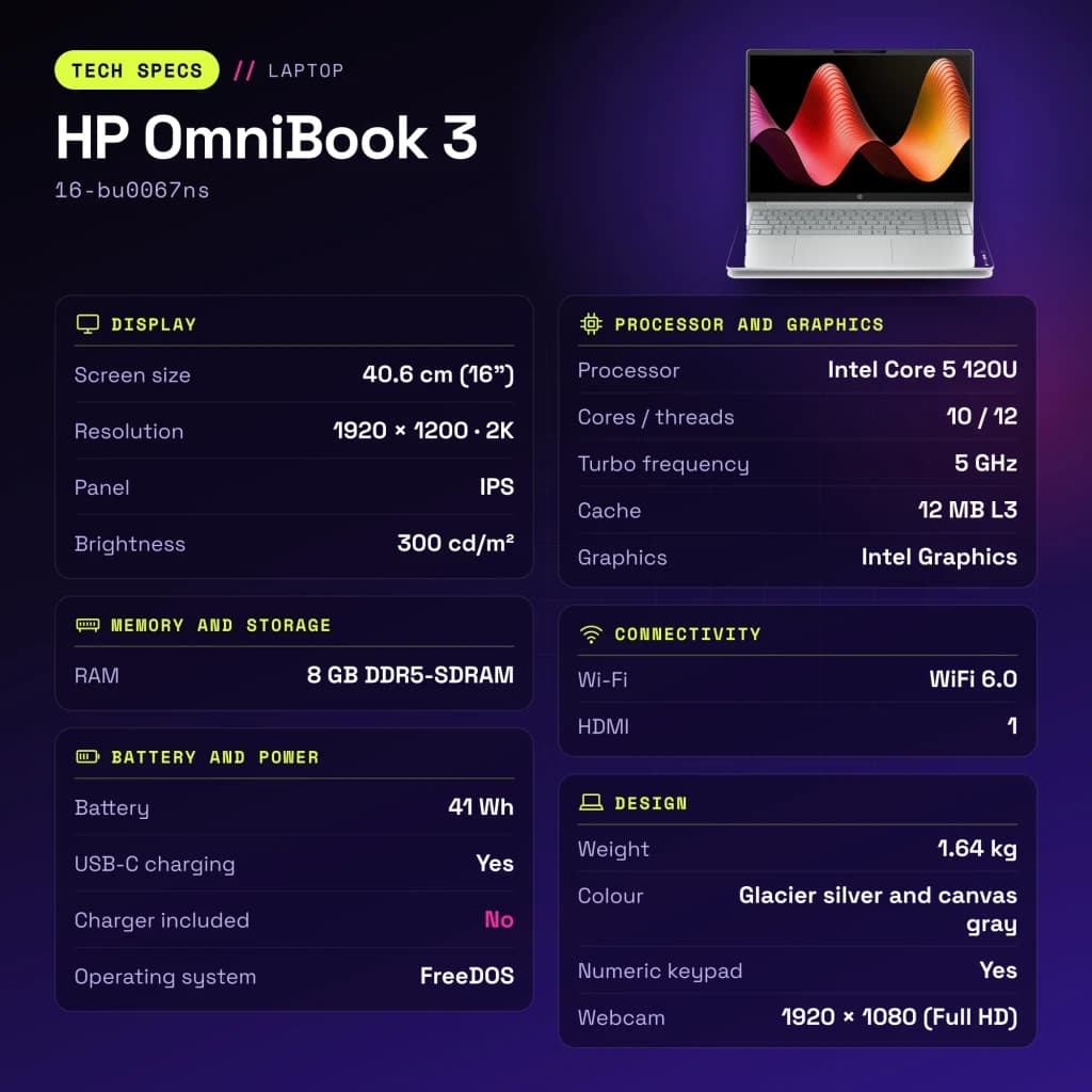 PC portable HP OmniBook 3 8 Go/512 Go 16 pouces 2K IPS Intel Core 5 120U SSD NVMe PCIe 4.0 FreeDOS Gris 16-bu0067ns - caractéristiques