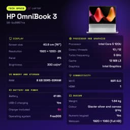 PC portable HP OmniBook 3 8 Go/512 Go 16 pouces 2K IPS Intel Core 5 120U SSD NVMe PCIe 4.0 FreeDOS Gris 16-bu0067ns - caractéristiques