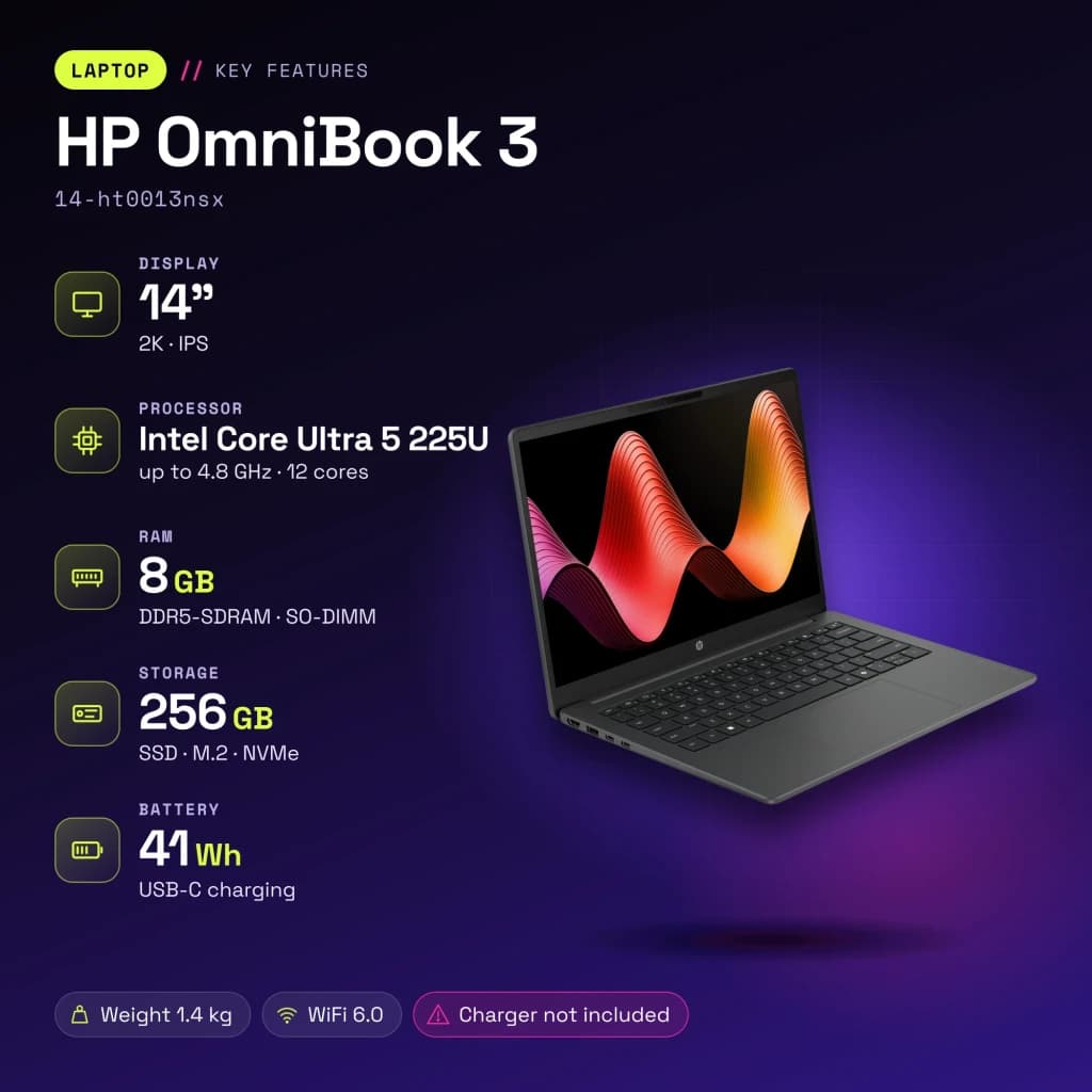 PC portable HP OmniBook 3 8 Go/256 Go 14 pouces 2K IPS Intel Core Ultra 5 225U FreeDOS Noir/Gris 14-ht0013nsx - caractéristiques