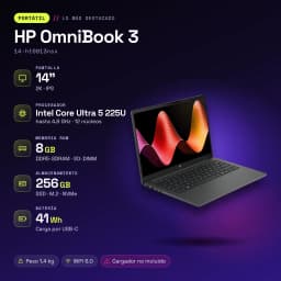 PC portable HP OmniBook 3 8 Go/256 Go 14 pouces 2K IPS Intel Core Ultra 5 225U FreeDOS Noir/Gris 14-ht0013nsx - caractéristiques