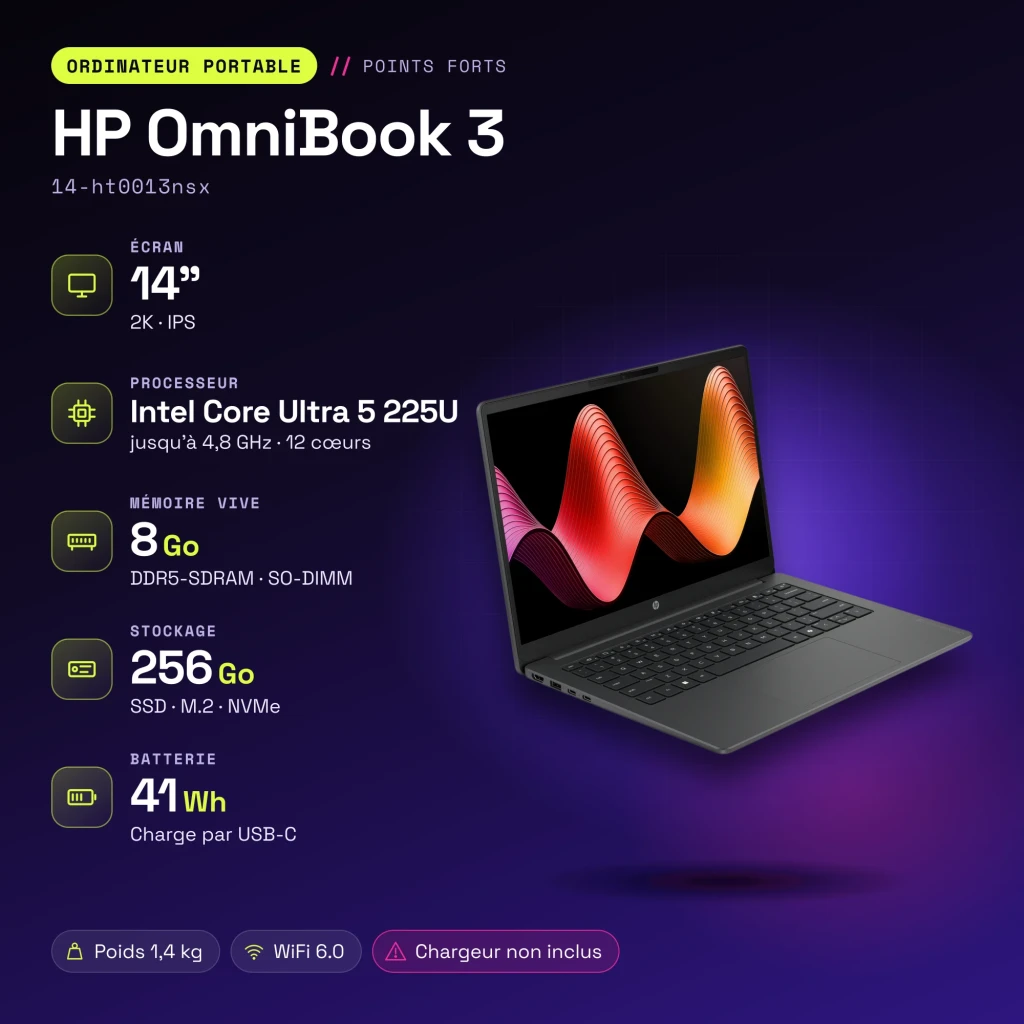 PC portable HP OmniBook 3 8 Go/256 Go 14 pouces 2K IPS Intel Core Ultra 5 225U FreeDOS Noir/Gris 14-ht0013nsx - caractéristiques