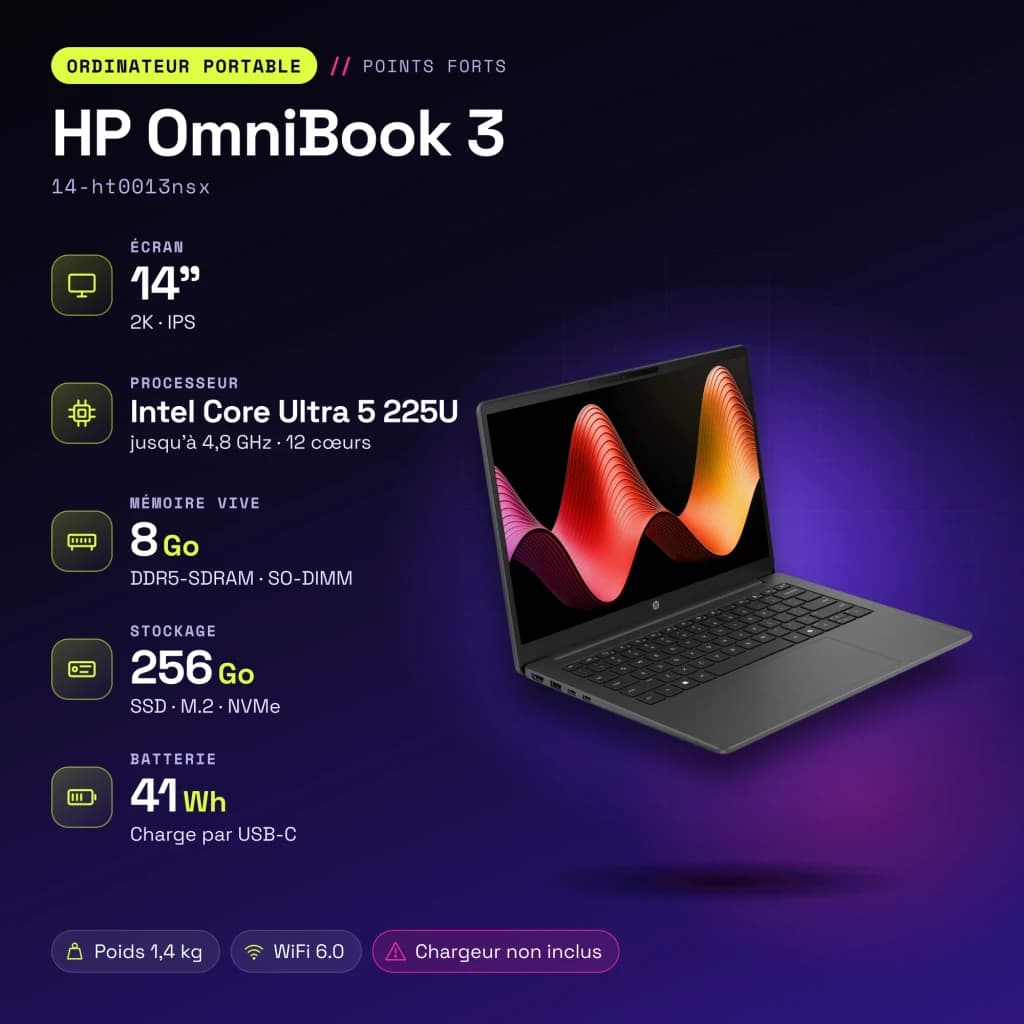 PC portable HP OmniBook 3 8 Go/256 Go 14 pouces 2K IPS Intel Core Ultra 5 225U FreeDOS Noir/Gris 14-ht0013nsx - caractéristiques