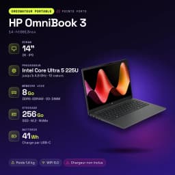 PC portable HP OmniBook 3 8 Go/256 Go 14 pouces 2K IPS Intel Core Ultra 5 225U FreeDOS Noir/Gris 14-ht0013nsx - caractéristiques