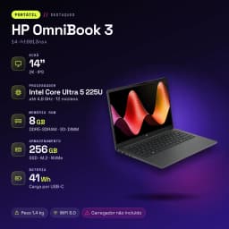 PC portable HP OmniBook 3 8 Go/256 Go 14 pouces 2K IPS Intel Core Ultra 5 225U FreeDOS Noir/Gris 14-ht0013nsx - caractéristiques