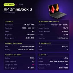 PC portable HP OmniBook 3 8 Go/256 Go 14 pouces 2K IPS Intel Core Ultra 5 225U FreeDOS Noir/Gris 14-ht0013nsx - caractéristiques