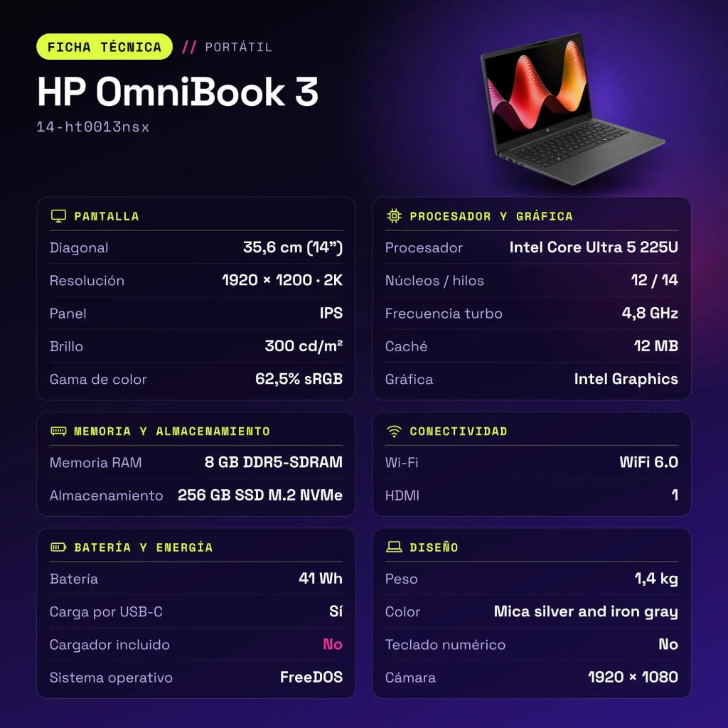 Portátil HP OmniBook 3 8GB/256GB 14 pulgadas 2K IPS Intel Core Ultra 5 225U FreeDOS Negro/Gris 14-ht0013nsx - características