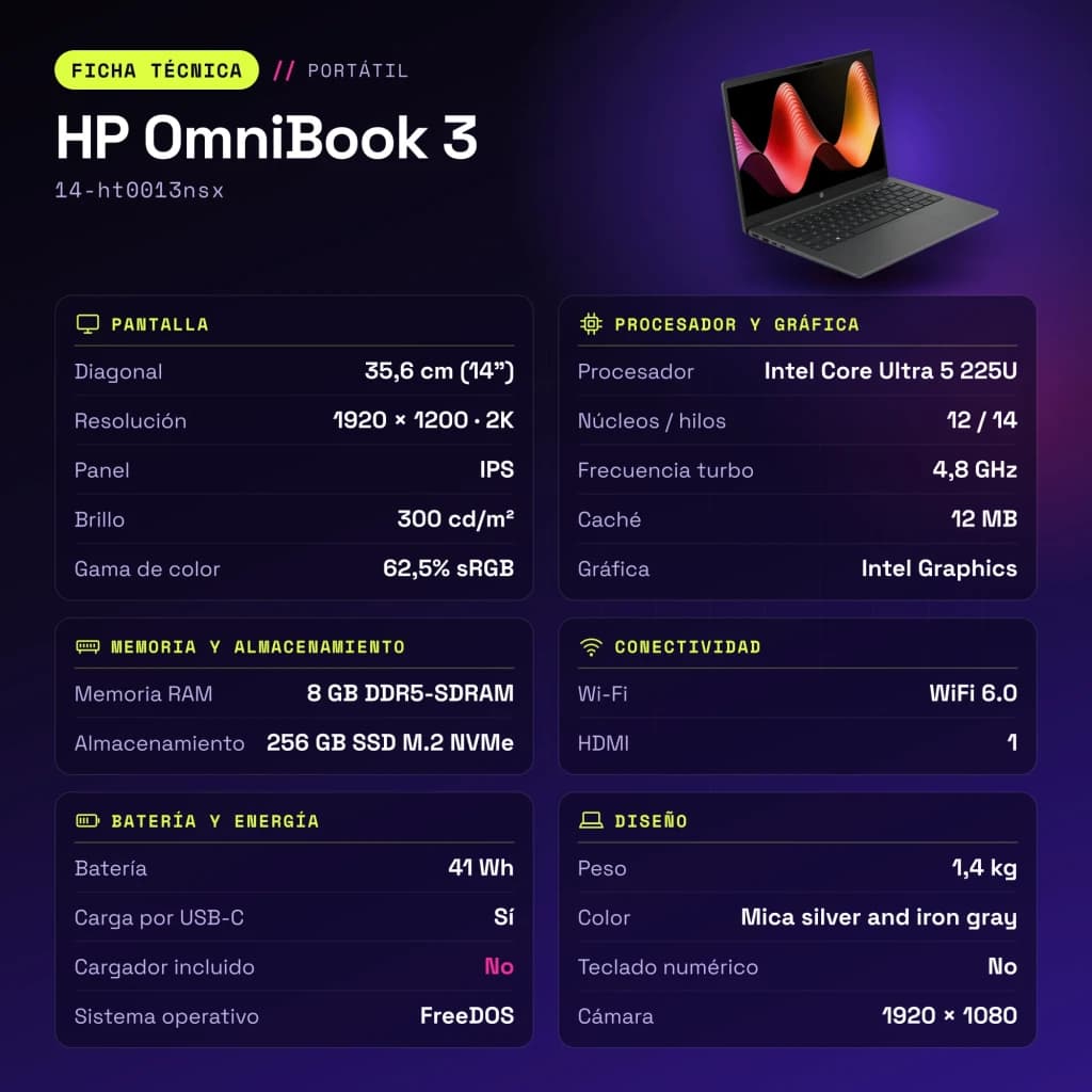 PC portable HP OmniBook 3 8 Go/256 Go 14 pouces 2K IPS Intel Core Ultra 5 225U FreeDOS Noir/Gris 14-ht0013nsx - caractéristiques