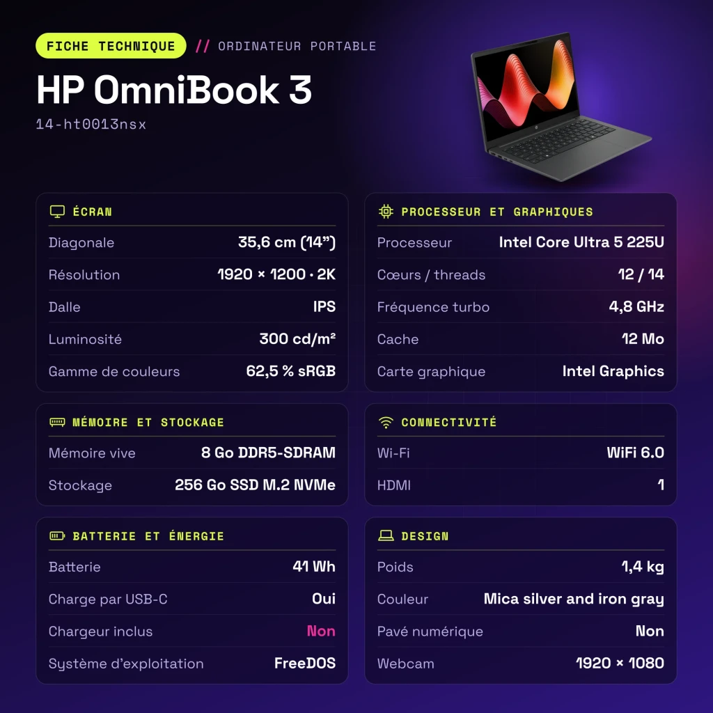 PC portable HP OmniBook 3 8 Go/256 Go 14 pouces 2K IPS Intel Core Ultra 5 225U FreeDOS Noir/Gris 14-ht0013nsx - caractéristiques
