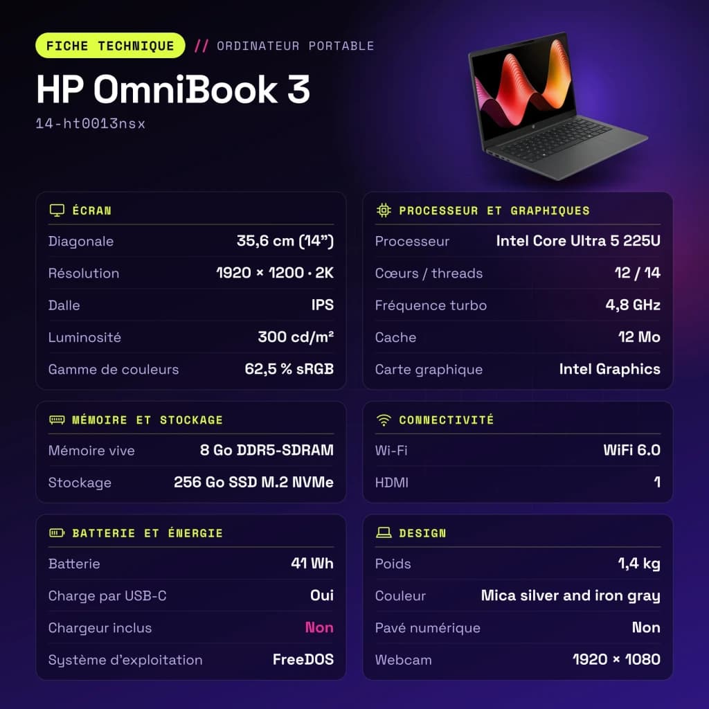 PC portable HP OmniBook 3 8 Go/256 Go 14 pouces 2K IPS Intel Core Ultra 5 225U FreeDOS Noir/Gris 14-ht0013nsx - caractéristiques