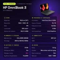 PC portable HP OmniBook 3 8 Go/256 Go 14 pouces 2K IPS Intel Core Ultra 5 225U FreeDOS Noir/Gris 14-ht0013nsx - caractéristiques