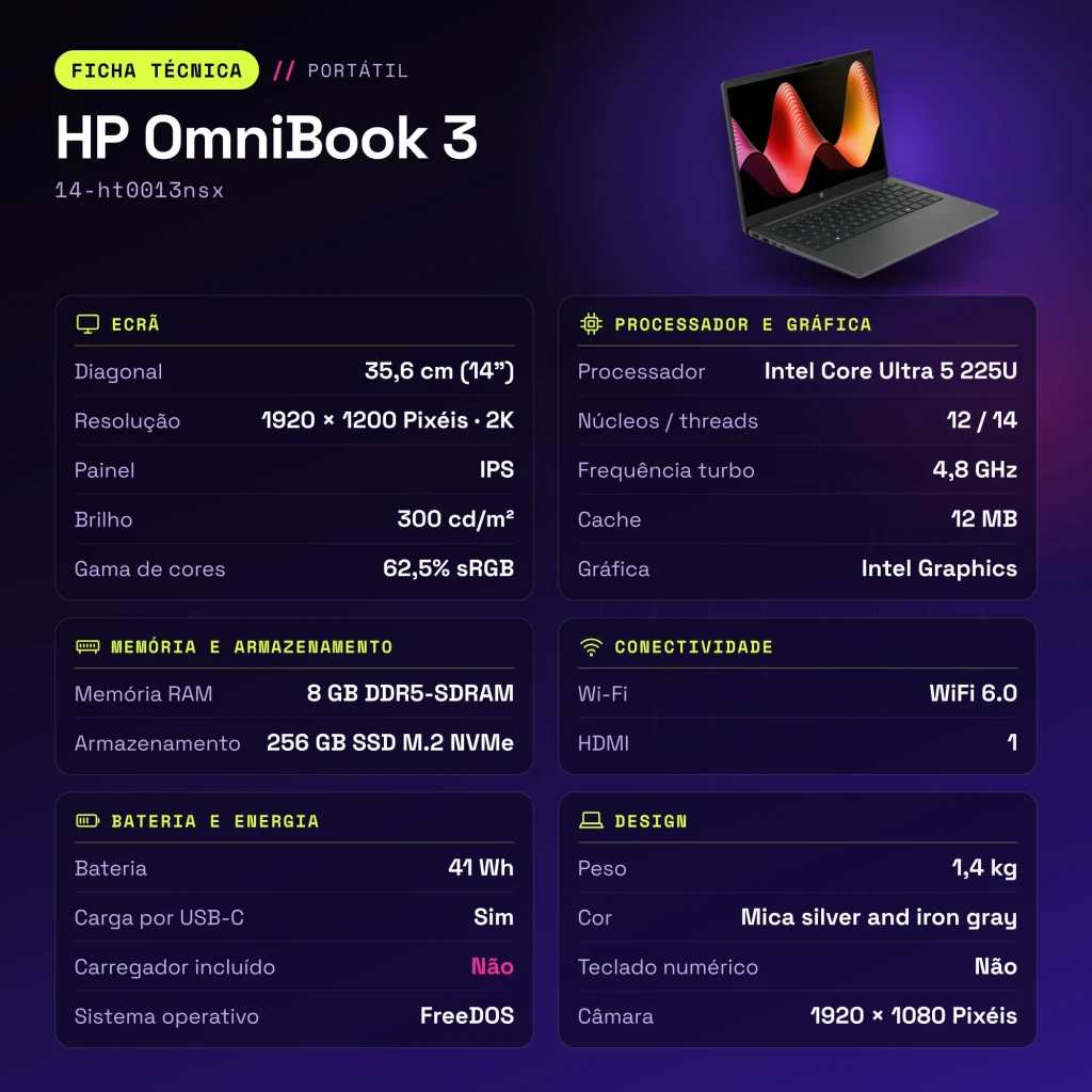 Portátil HP OmniBook 3 8GB/256GB 14 polegadas 2K IPS Intel Core Ultra 5 225U FreeDOS Preto/Cinzento 14-ht0013nsx - características