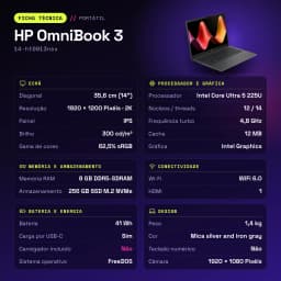 PC portable HP OmniBook 3 8 Go/256 Go 14 pouces 2K IPS Intel Core Ultra 5 225U FreeDOS Noir/Gris 14-ht0013nsx - caractéristiques
