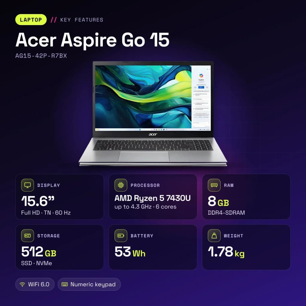 PC portable Acer Aspire Go 15 8 Go/512 Go 15,6 pouces FHD TN AMD Ryzen 5 7430U NVMe PCIe 4.0 M.2 Windows 11 Home Argent AG15-42P-R7BX - caractéristiques
