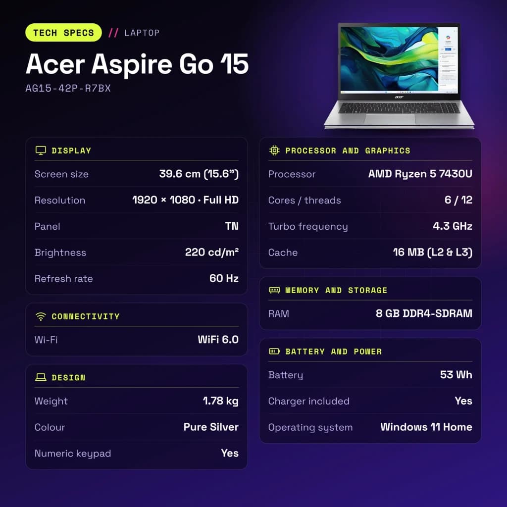 PC portable Acer Aspire Go 15 8 Go/512 Go 15,6 pouces FHD TN AMD Ryzen 5 7430U NVMe PCIe 4.0 M.2 Windows 11 Home Argent AG15-42P-R7BX - caractéristiques