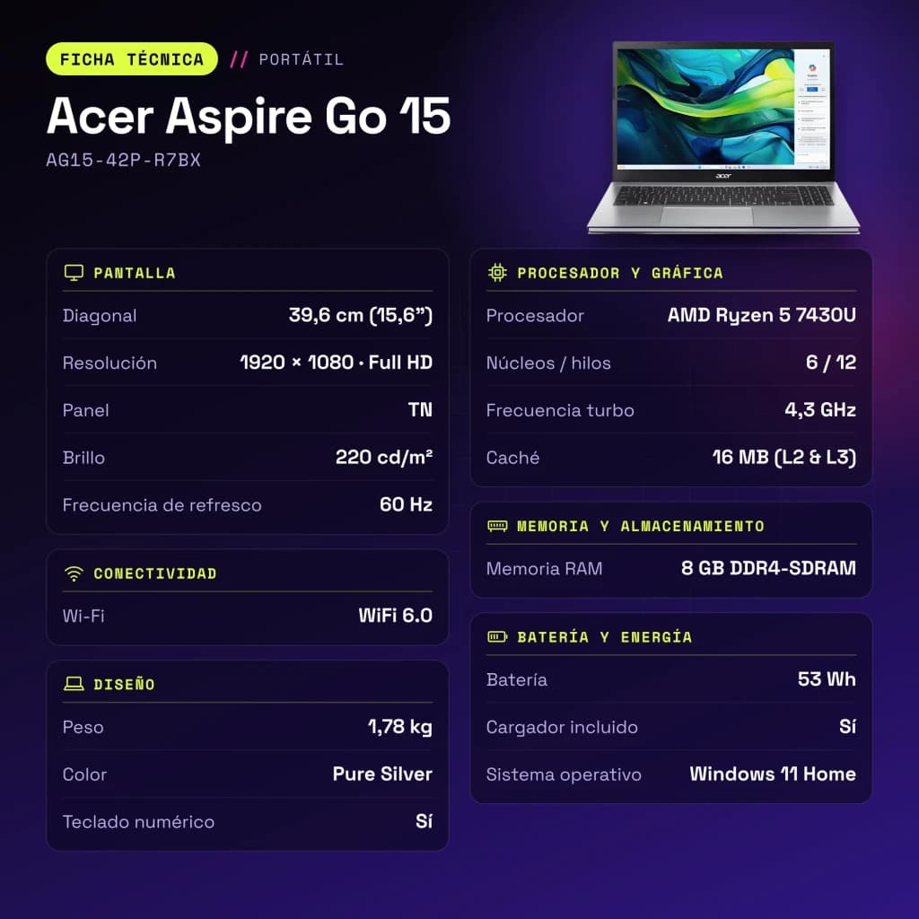 PC portable Acer Aspire Go 15 8 Go/512 Go 15,6 pouces FHD TN AMD Ryzen 5 7430U NVMe PCIe 4.0 M.2 Windows 11 Home Argent AG15-42P-R7BX - caractéristiques