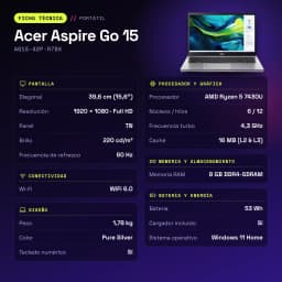 PC portable Acer Aspire Go 15 8 Go/512 Go 15,6 pouces FHD TN AMD Ryzen 5 7430U NVMe PCIe 4.0 M.2 Windows 11 Home Argent AG15-42P-R7BX - caractéristiques
