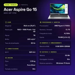 PC portable Acer Aspire Go 15 8 Go/512 Go 15,6 pouces FHD TN AMD Ryzen 5 7430U NVMe PCIe 4.0 M.2 Windows 11 Home Argent AG15-42P-R7BX - caractéristiques