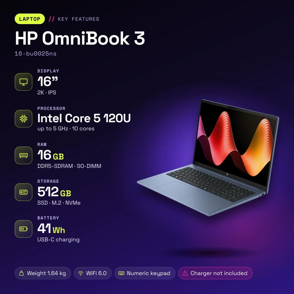 Portátil HP OmniBook 3 16GB/512GB 16 pulgadas IPS 2K 16:10 Intel Core 5 120U SSD NVMe PCIe 4.0 FreeDOS Azul/Gris 16-bu0025ns - características