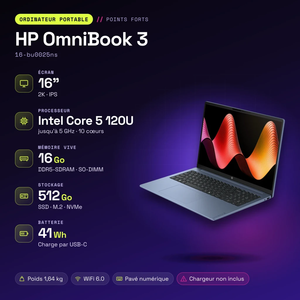 Portátil HP OmniBook 3 16GB/512GB 16 pulgadas IPS 2K 16:10 Intel Core 5 120U SSD NVMe PCIe 4.0 FreeDOS Azul/Gris 16-bu0025ns - características