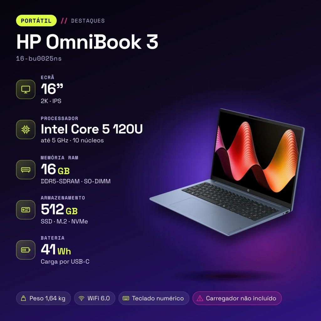Portátil HP OmniBook 3 16GB/512GB 16 pulgadas IPS 2K 16:10 Intel Core 5 120U SSD NVMe PCIe 4.0 FreeDOS Azul/Gris 16-bu0025ns - características