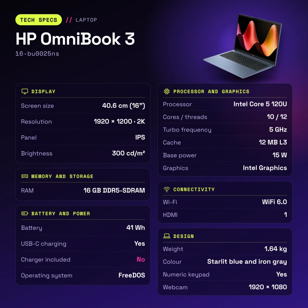 Portátil HP OmniBook 3 16GB/512GB 16 pulgadas IPS 2K 16:10 Intel Core 5 120U SSD NVMe PCIe 4.0 FreeDOS Azul/Gris 16-bu0025ns - características