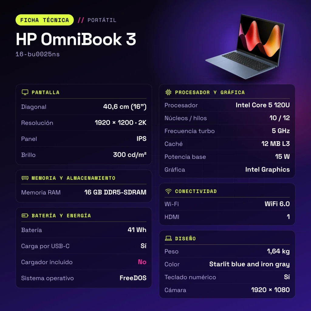 Portátil HP OmniBook 3 16GB/512GB 16 pulgadas IPS 2K 16:10 Intel Core 5 120U SSD NVMe PCIe 4.0 FreeDOS Azul/Gris 16-bu0025ns - características