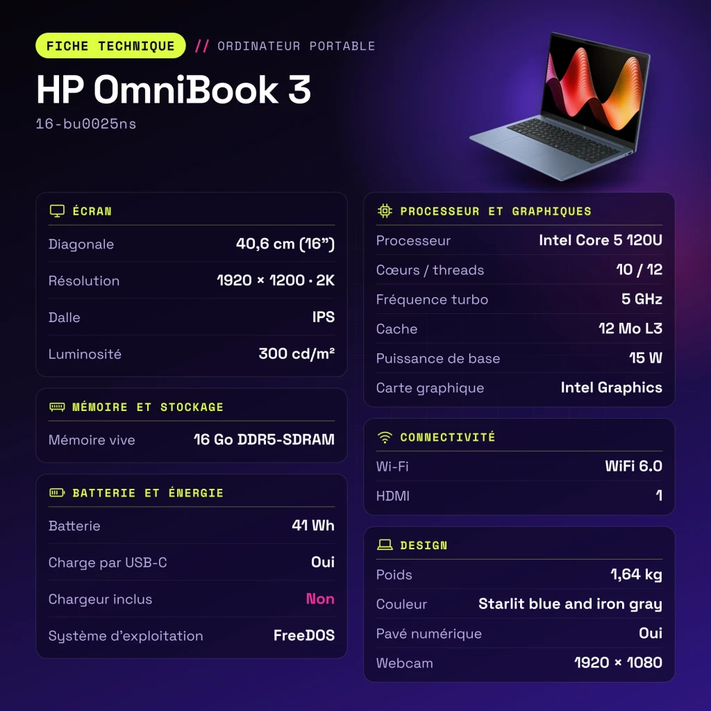 Portátil HP OmniBook 3 16GB/512GB 16 pulgadas IPS 2K 16:10 Intel Core 5 120U SSD NVMe PCIe 4.0 FreeDOS Azul/Gris 16-bu0025ns - características