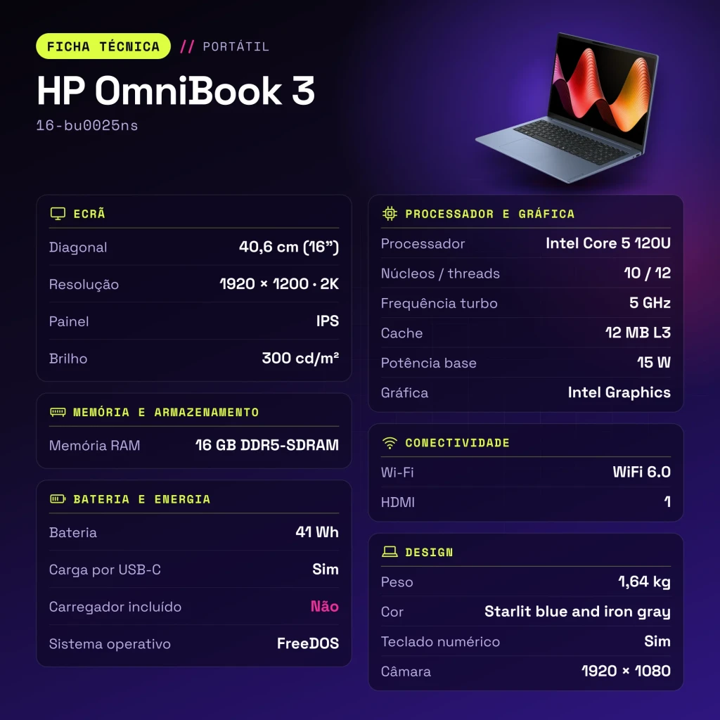Portátil HP OmniBook 3 16GB/512GB 16 pulgadas IPS 2K 16:10 Intel Core 5 120U SSD NVMe PCIe 4.0 FreeDOS Azul/Gris 16-bu0025ns - características