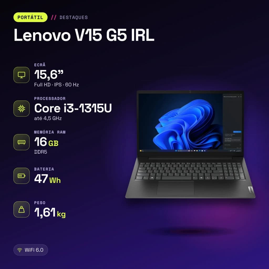 Portátil Lenovo V15 G5 IRL 16GB/512GB 15,6 polegadas FHD IPS Intel Core i3-1315U SSD NVMe PCIe 4.0 Windows 11 Pro Preto - características