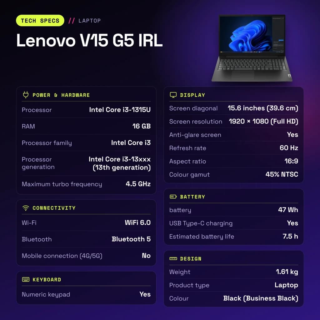 Portátil Lenovo V15 G5 IRL 16GB/512GB 15,6 polegadas FHD IPS Intel Core i3-1315U SSD NVMe PCIe 4.0 Windows 11 Pro Preto - características