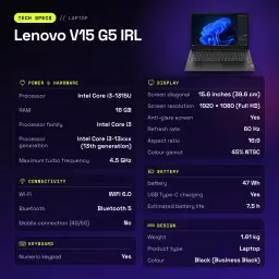 Portátil Lenovo V15 G5 IRL 16GB/512GB 15,6 polegadas FHD IPS Intel Core i3-1315U SSD NVMe PCIe 4.0 Windows 11 Pro Preto - características
