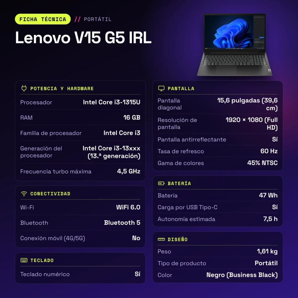 Portátil Lenovo V15 G5 IRL 16GB/512GB 15,6 polegadas FHD IPS Intel Core i3-1315U SSD NVMe PCIe 4.0 Windows 11 Pro Preto - características