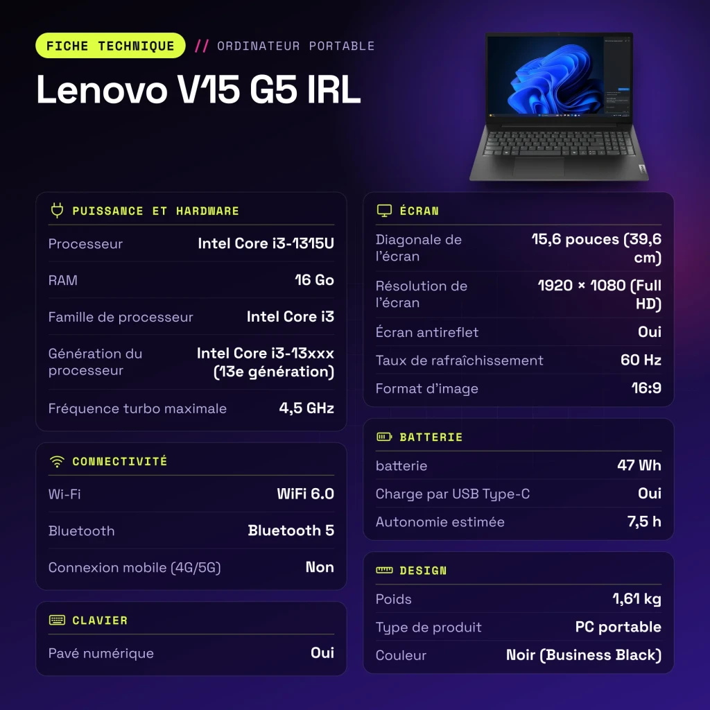 PC portable Lenovo V15 G5 IRL 16 Go/512 Go 15,6 pouces FHD IPS Intel Core i3-1315U SSD NVMe PCIe 4.0 Windows 11 Pro Noir - caractéristiques