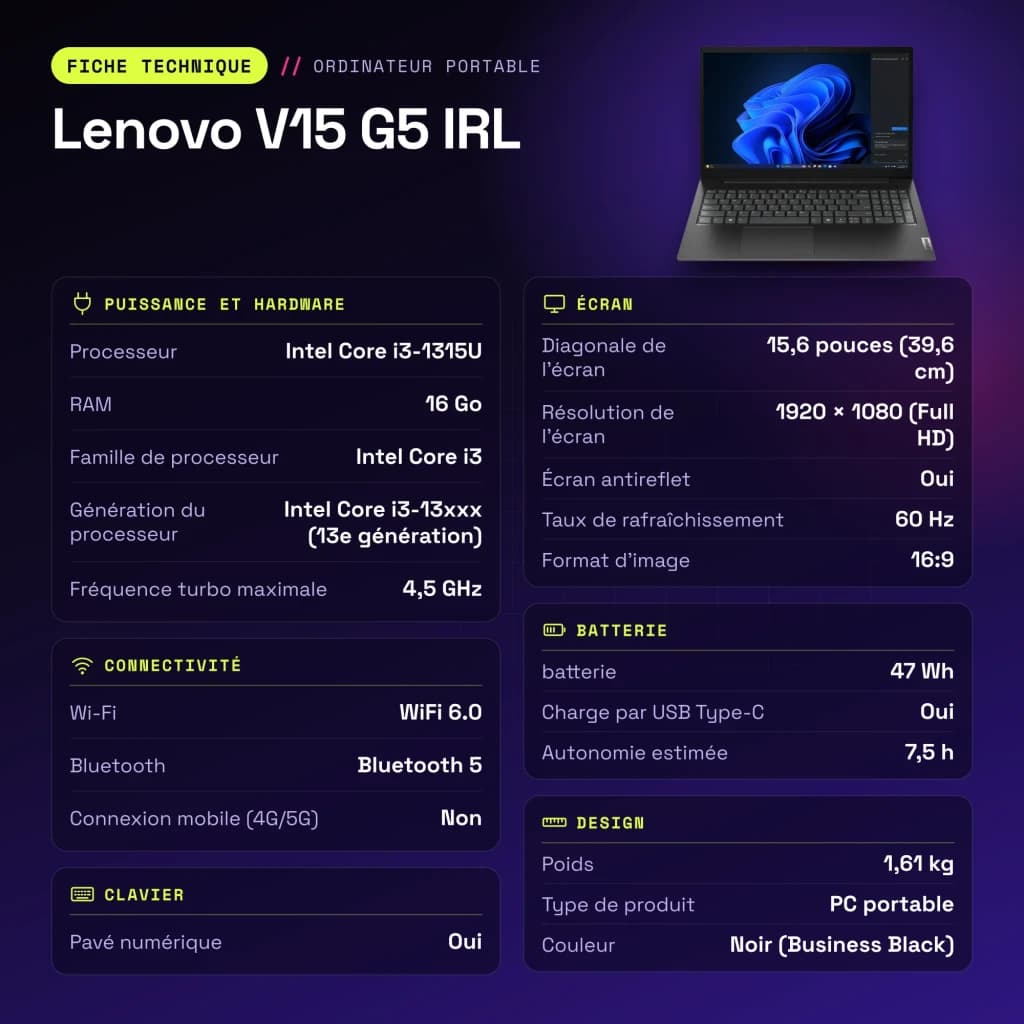 Portátil Lenovo V15 G5 IRL 16GB/512GB 15,6 polegadas FHD IPS Intel Core i3-1315U SSD NVMe PCIe 4.0 Windows 11 Pro Preto - características