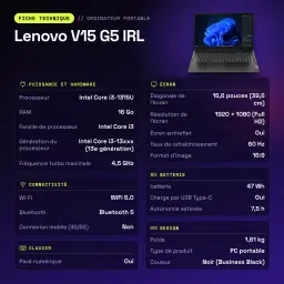 Portátil Lenovo V15 G5 IRL 16GB/512GB 15,6 polegadas FHD IPS Intel Core i3-1315U SSD NVMe PCIe 4.0 Windows 11 Pro Preto - características