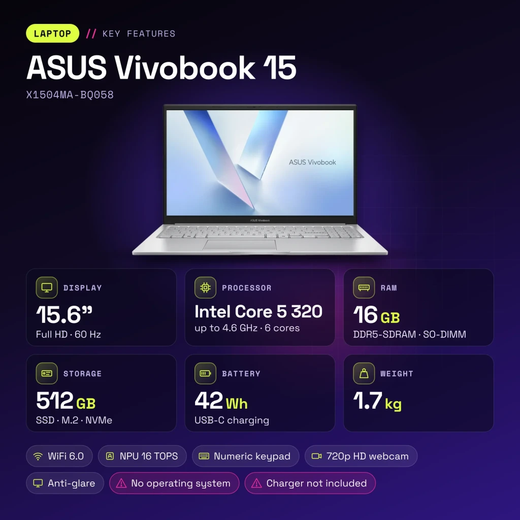 Portátil ASUS Vivobook 15 16GB/512GB 15.6 pulgadas Full HD Intel Core 5 320 SSD NVMe PCIe 4.0 Sin Sistema Operativo Plata X1504MA-BQ058 - características