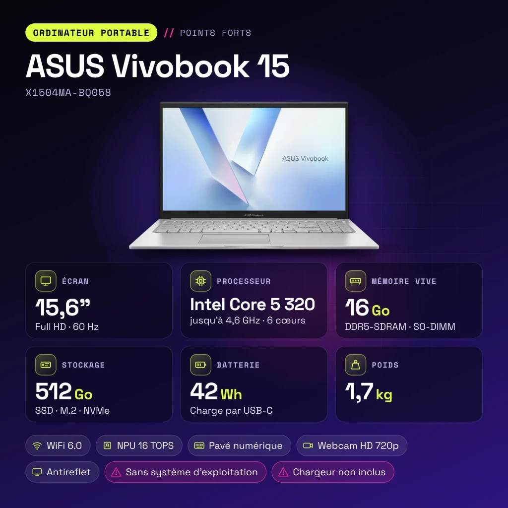 Portátil ASUS Vivobook 15 16GB/512GB 15.6 pulgadas Full HD Intel Core 5 320 SSD NVMe PCIe 4.0 Sin Sistema Operativo Plata X1504MA-BQ058 - características